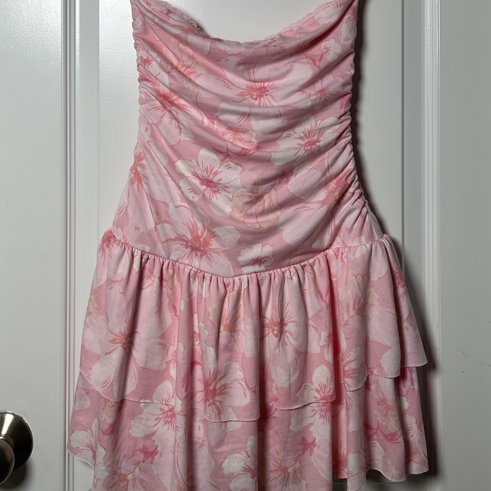 Aéropostale Pink Floral Strapless Ruffle Drop Waist Mini Dress Tomato Girl Style